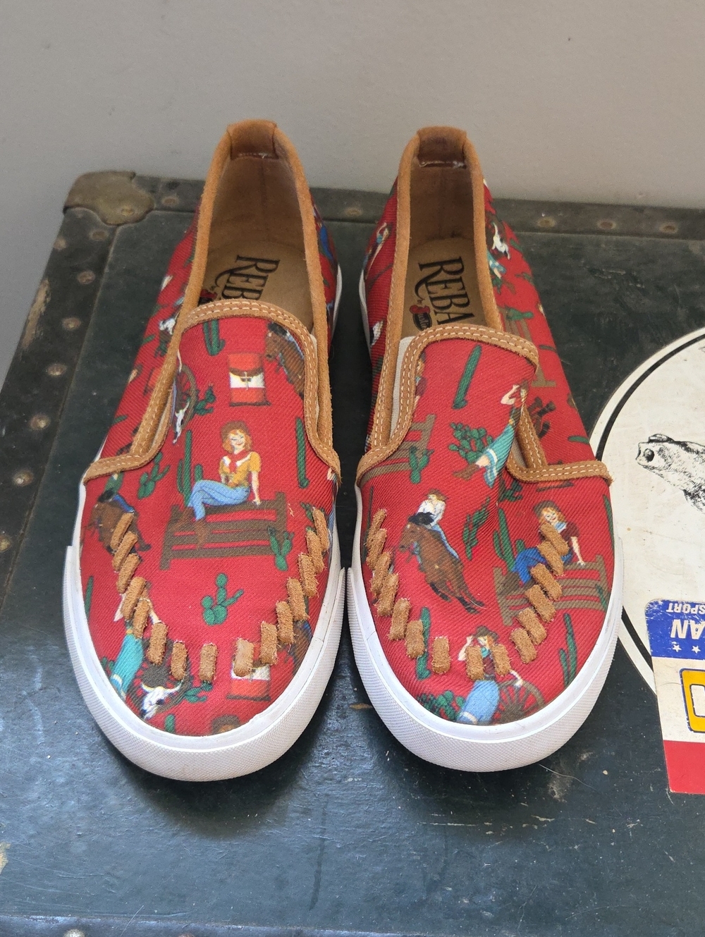 Reba Woman's Red Western-Print Slip-On Sneakers with Tan Trimo
